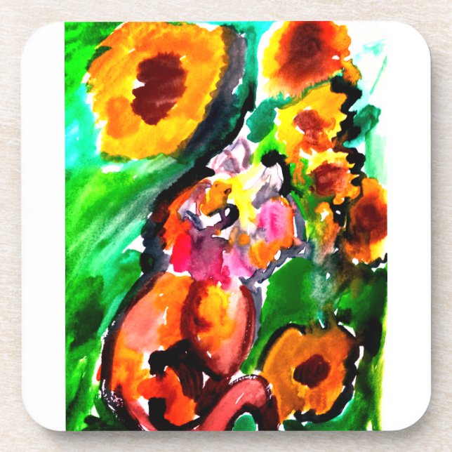 Dessous-de-verre Chat orange et tournesols  (Devant)