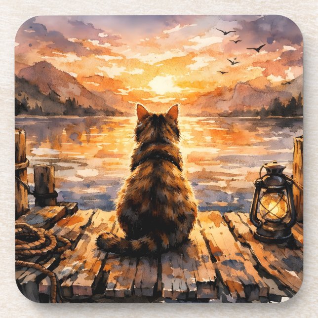 Dessous-de-verre Chat sur le quai au coucher du soleil (Devant)