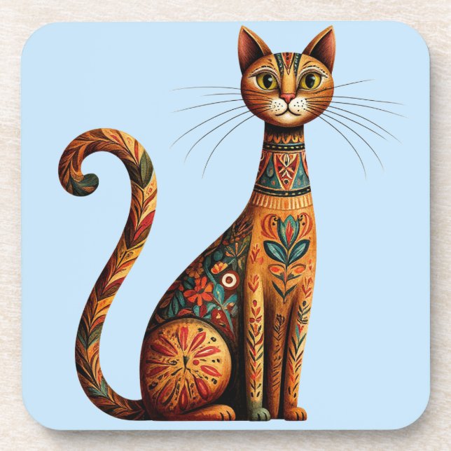 Dessous-de-verre Chat tribal boho mignon art folklorique avec des f (Devant)