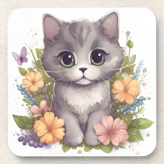 Dessous-de-verre Chaton gris doux avec fleurs Kawaii Chibi (Devant)