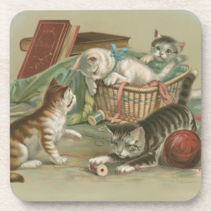 Dessous-de-verre Chatons victoriens vintage jouant dans un panier à