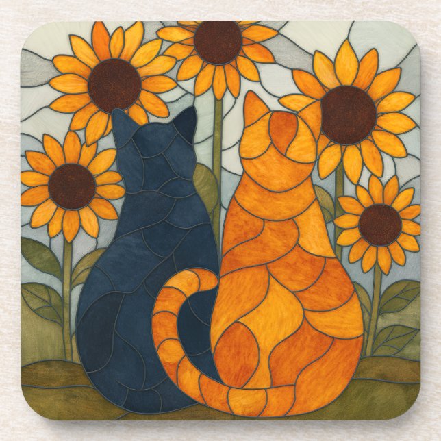 Dessous-de-verre Chats en vitrail et conception d'art de tournesols (Devant)