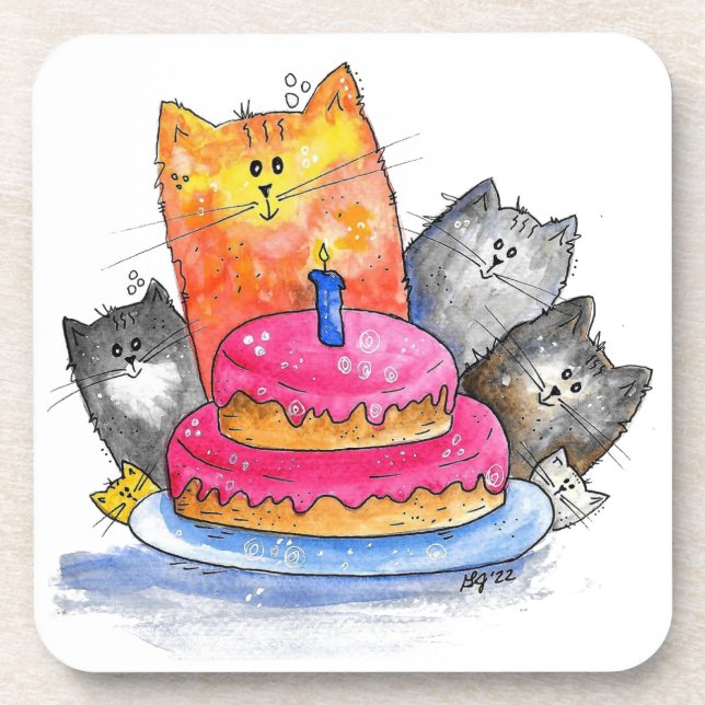 Dessous-de-verre Chats Whimsical avec gâteau d'anniversaire (Devant)