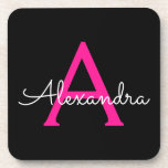 Dessous-de-verre Chaud rose noir Script Girl Nom du monogramme<br><div class="desc">Dessous de verre en papier noir et rose vif simple Script Monogramme Nom. Cela fait le cadeau parfait de remise de diplômes,  anniversaire,  mariage,  douche nuptiale,  anniversaire,  baby shower ou bachelorette pour quelqu'un qui aime le luxe glam et les styles chic.</div>