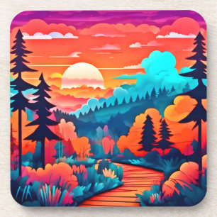 Dessous-de-verre Chemin du coucher de soleil à travers la forêt d'a