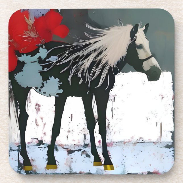 Dessous-de-verre Cheval et Fleurs rouges Beverage Coaster (Devant)