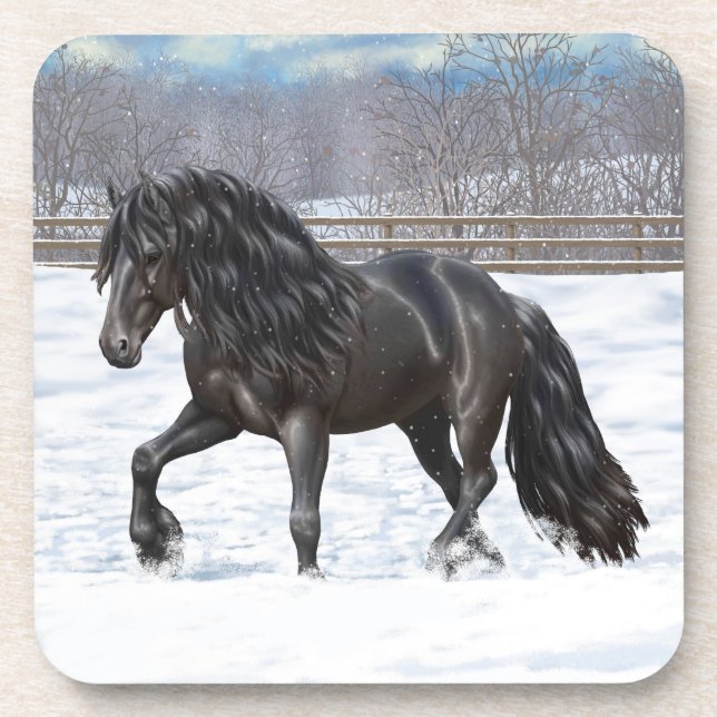 Dessous-de-verre Cheval Noir Friésien En Neige (Devant)