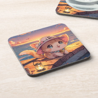 Dessous-de-verre Chibi Chat Mignon au Coucher de Soleil du Port – F