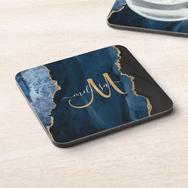 Dessous-de-verre Chic Blue Gold Agate Script Monogramme personnalis (Côté gauche)