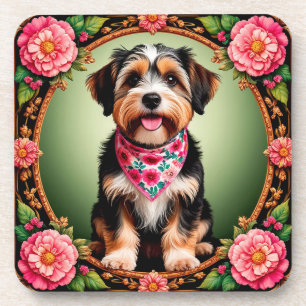 Dessous-de-verre Chien adorable encadré de fleurs colorées