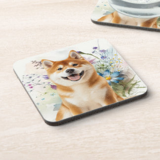 Dessous-de-verre Chien Akita Shiba Inu avec fleurs aquarelles bleue