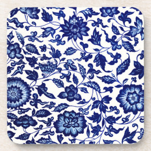 Dessous-de-verre Chinois bleu marine foncé motif floral sur blanc