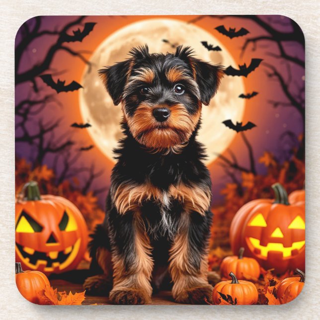 Dessous-de-verre Chiot adorable avec fond Halloween (Devant)