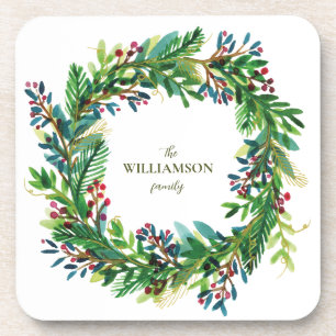 Dessous-de-verre Christmas Wreath Nom de famille de vacances Holi