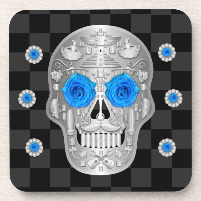 Dessous-de-verre Chrome Calavera (Rose bleu) Beverage Coaster (Devant)