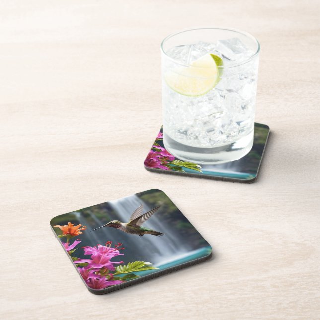 Dessous-de-verre "Chuchotements de la nature : colibri, cascade (Côté Droit)