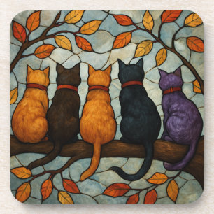 Dessous-de-verre Cinq chats sur une branche d'arbre de style vitrai