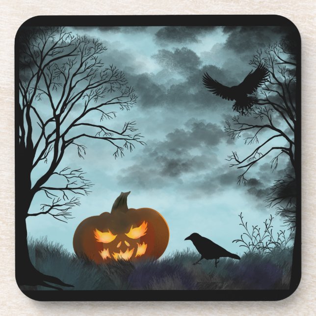 Dessous-de-verre Citrouille d'Halloween et corbeau (Devant)