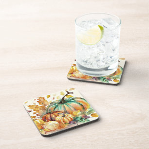 Dessous-de-verre Citrouilles et feuilles aquarelles colorées