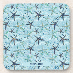 Dessous-de-verre Clair bleu et or Starfish sur Ocean Wave Motif