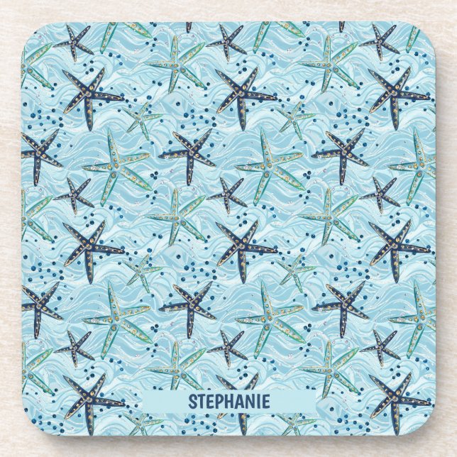 Dessous-de-verre Clair bleu et or Starfish sur Ocean Wave Motif (Devant)