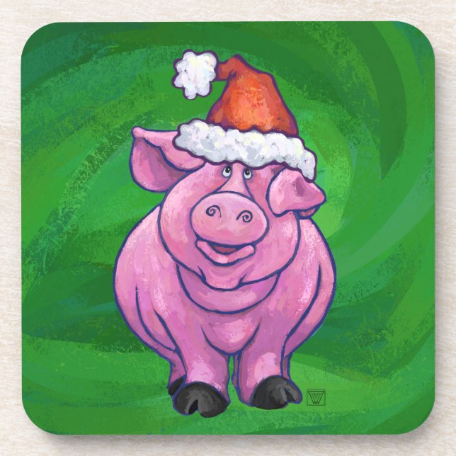 Dessous-de-verre Cochon de Fête à Santa Hat sur Vert (Devant)