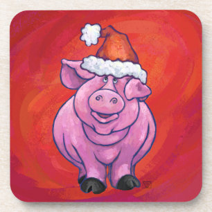 Dessous-de-verre Cochon mignon à Santa Hat sur rouge