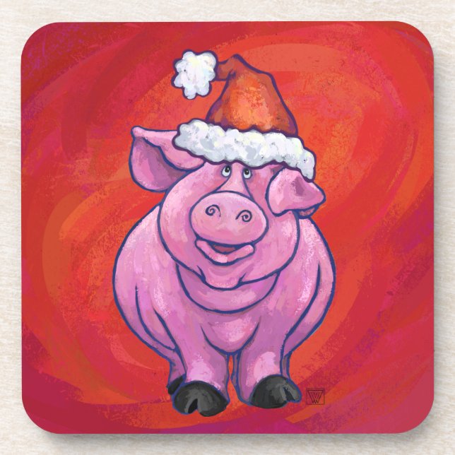 Dessous-de-verre Cochon mignon à Santa Hat sur rouge (Devant)