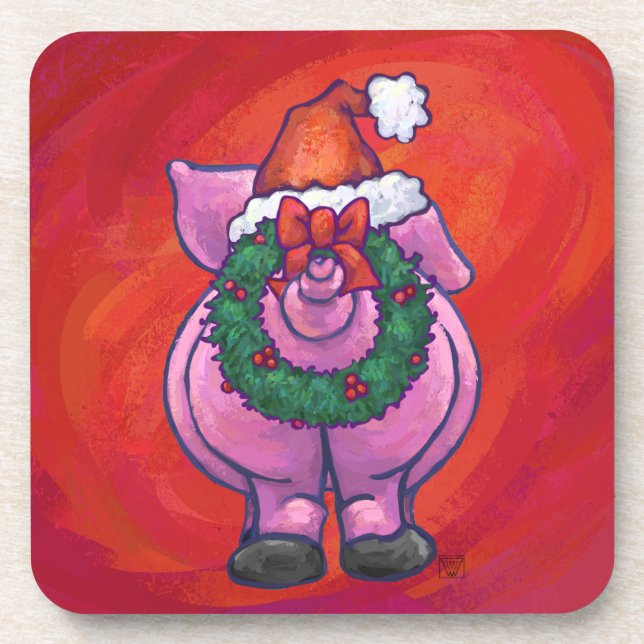 Dessous-de-verre Cochon mignon à Santa Hat sur rouge (Devant)
