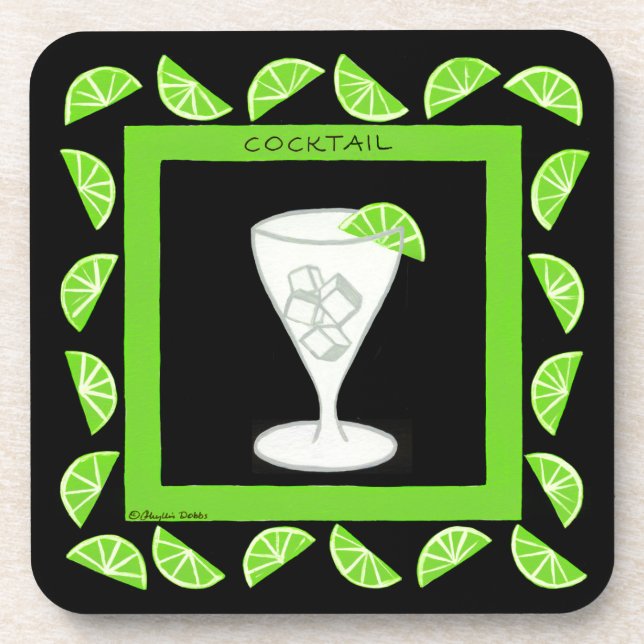 Dessous-de-verre Cocktail Retro Boisson Art Green Limes sur Noir (Devant)