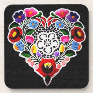 Dessous-de-verre Coeur de broderie hongrois sur noir