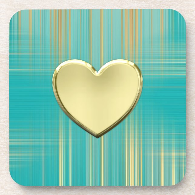 Dessous-de-verre Coeur d'or sur Plaid Turquoise (Devant)