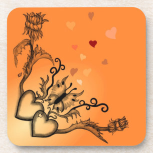 Dessous-de-verre Coeurs avec fleurs et papillon en style tatouage