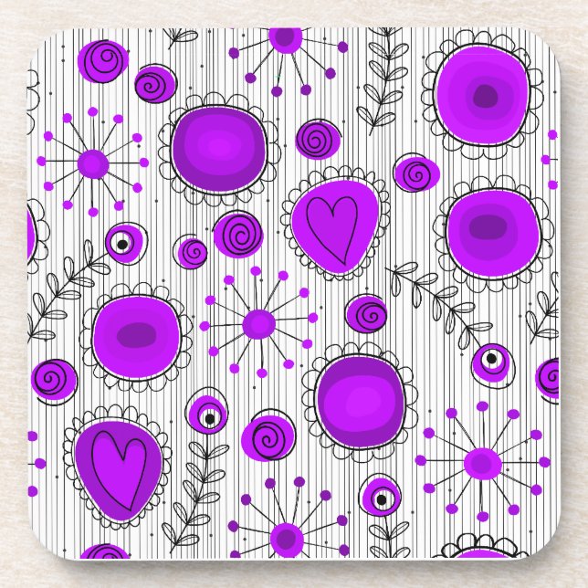 Dessous-de-verre Coeurs blancs violet blanc Whimsical et fleurs flo (Devant)