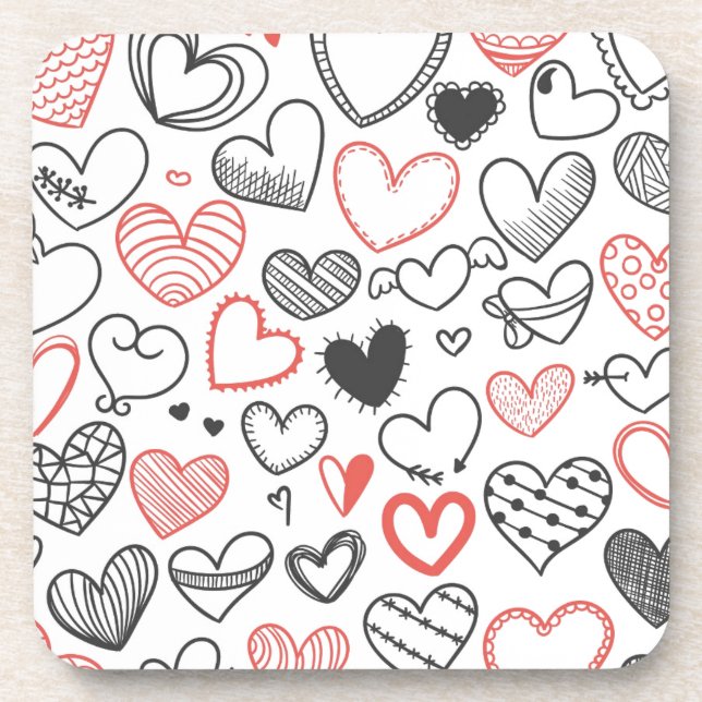 Dessous-de-verre Coeurs de doodle Valentine rouge et noir hipster (Devant)