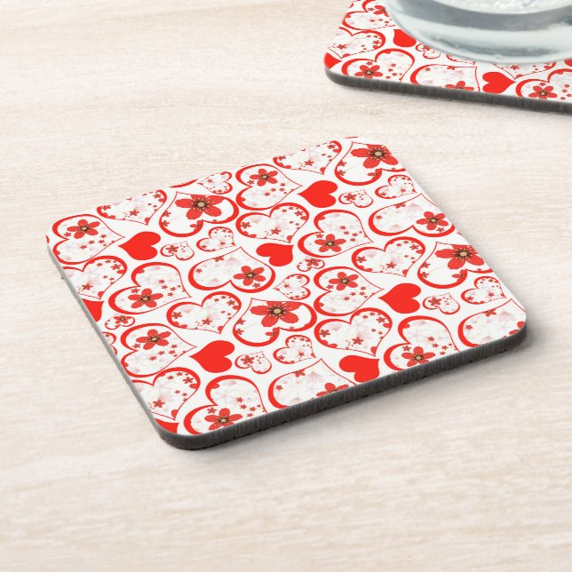 Dessous-de-verre Cœurs rouges et fleurs sur fond blanc (Côté gauche)