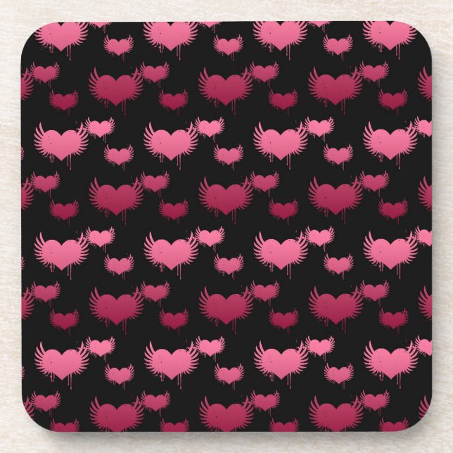 Dessous-de-verre Cœurs volants roses sur fond noir (Devant)