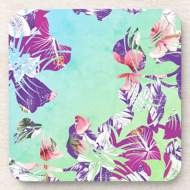 Dessous-de-verre Collage floral tropical moderne sur Aqua (Devant)