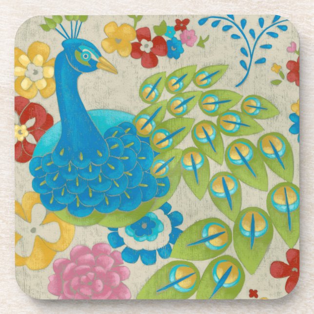 Dessous-de-verre Colorful Peacock et Fleurs (Devant)