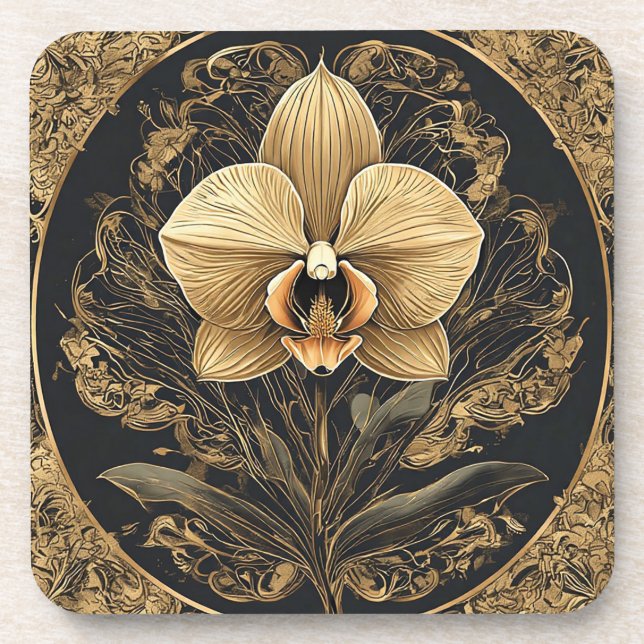 Dessous-de-verre Conception élégante d'orchidée dorée (Devant)