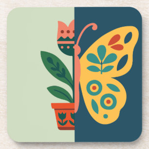 Dessous-de-verre Conception graphique divisée de fleurs et de papil