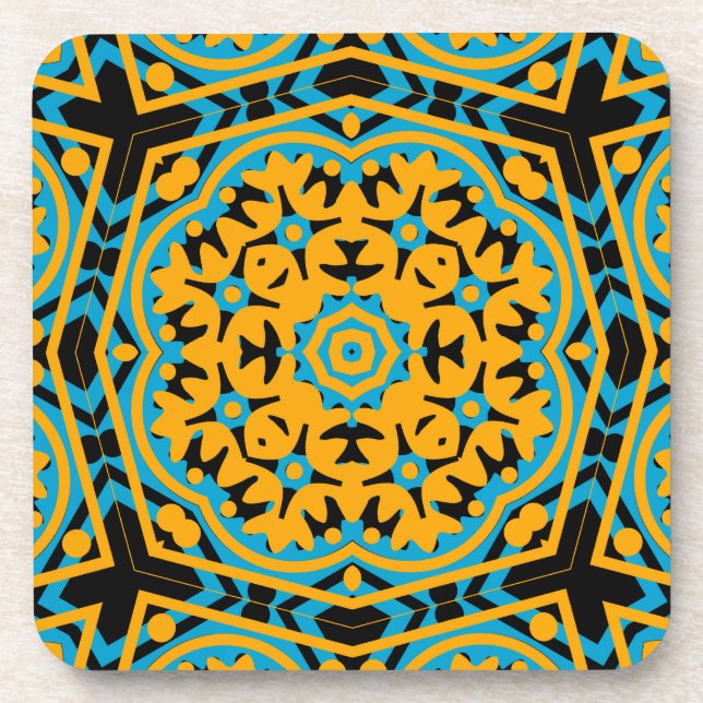Dessous-de-verre Conception Kaléidoscope, Bleu Clair, Or, Noir (Devant)