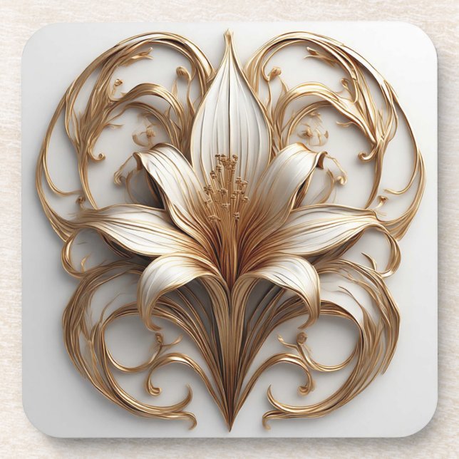Dessous-de-verre Conception Ornementale Élégante Fleur de Lys Dorée (Devant)
