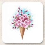 Dessous-de-verre Cône rose Sakura crème glacée gaufre<br><div class="desc">Cône gaufre douce avec fleurs de cerisier japonais rose frais sur arrière - plan blanc avec stries d'aquarelle bleue. Cerise japonaise rose.</div>