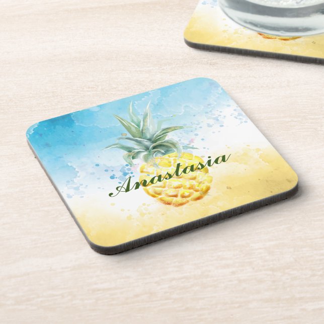 Dessous-de-verre Cool, Extraordinaire, Ananas avec le nom (Côté gauche)