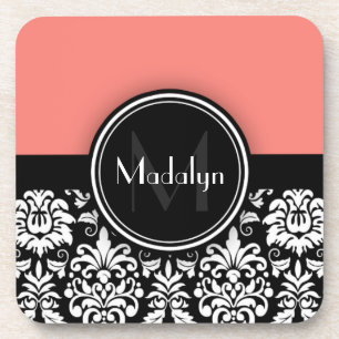 Dessous-de-verre Corail noir blanc Damas Monogramme