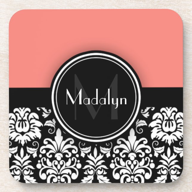 Dessous-de-verre Corail noir blanc Damas Monogramme (Devant)