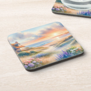 Dessous-de-verre Coucher de soleil dans une chaumière côtière, dune