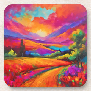 Dessous-de-verre Coucher de soleil de montagne coloré peinture pays