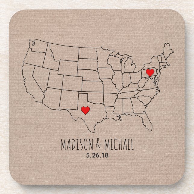 Dessous-de-verre Couple sur mesure USA State map names & date heart (Devant)